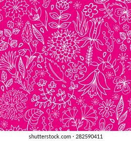 Pink vector sketch seamless pattern. Floral background