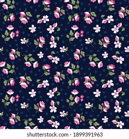 Pink Vector Small Flowers Pattern On Navy Background