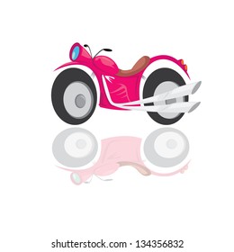 pink vector sport classic motorcycle icon. red bike on white background with reflection. sport motorcycle illustration