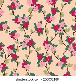 pink vector stock flowers with green leaves pattern on cream background