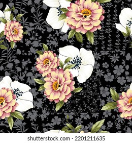 pink vector stock flowers with leaves bunches pattern on bandanna black background