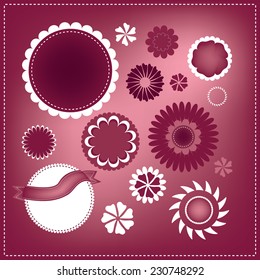 pink vector text box designs, elegant seals or sticker shapes, round fancy shapes with star flower border design, white trim accent