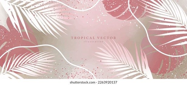 Pink vector tropical illustration with palm leaves, montera leaves for design, cards, covers, backgrounds