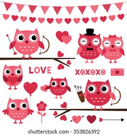 Pink vector Valentine owls and romantic decoration set