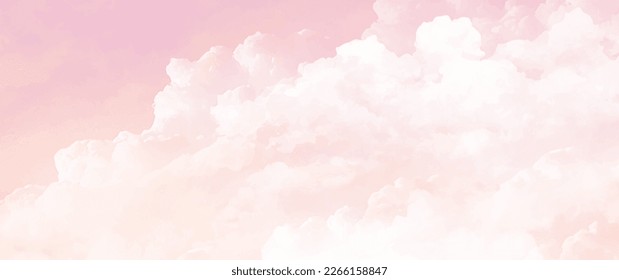 Pink vector watercolor art background with white clouds and pink sky. Hand drawn vector texture. Heaven. Watercolour banner. Abstract template for flyers, cards, poster, cover or design interior.