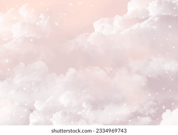 Pink vector watercolor art background with white clouds and pink sky. Hand drawn watercolour vector texture. Heaven.  Abstract template for flyers, invitation cards, poster, cover or design interior.
