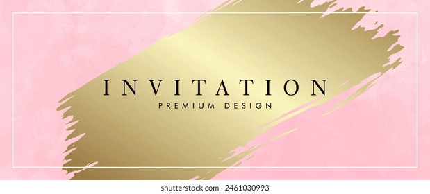 Pink vector watercolor art background with gold brush strokes and white frame. Abstract premium elegant vector art background for cards, flyers, poster, cover design, invitation, business banner.	