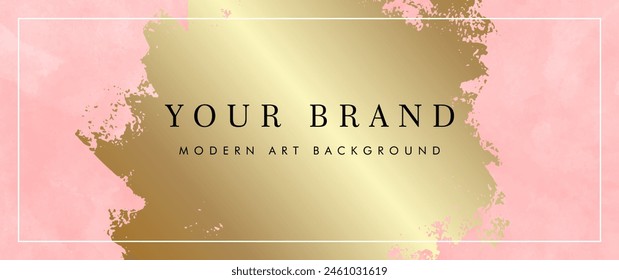 Pink vector watercolor art background with gold brush strokes and white frame. Abstract premium elegant vector art background for cards, flyers, poster, cover design, invitation, business banner.