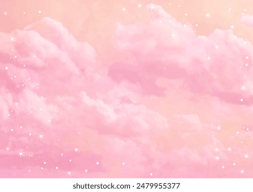 Pink vector watercolor art background with white clouds, pink sky and stars. Hand drawn watercolor vector texture. Heaven. Abstract template for flyers, invitation cards, poster, cover design.