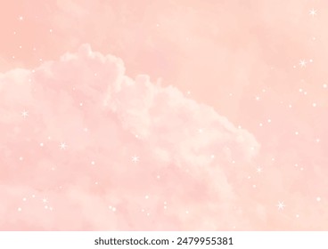 Fondo de arte de acuarela de Vector rosa con nubes blancas, cielo rosa y estrellas. Textura de Vector de acuarela dibujada a mano. Cielo. Plantilla Abstractas para volantes, tarjetas de invitación, póster, diseño de portada.