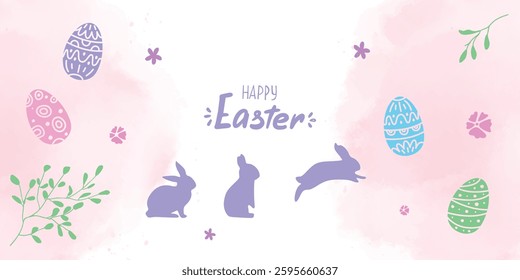Pink vector watercolor background with an Easter design for banner. Hand drawn vector cute rabbits flowers and eggs on the background. Awesome font mix written Happy Easter. 