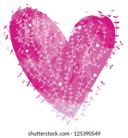 Pink vector watercolor heart with floral ornament