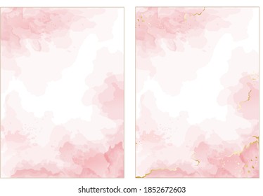 Pink vector watercolor style texture for your design, covers and wedding invitations. Golden marble and splash style. Editable transparent templates made with layers