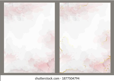 
Textura de estilo de acuarela de vector rosa para su diseño, cubiertas e invitaciones de boda. Mármol dorado y estilo salpicado. Plantillas transparentes editables realizadas con capas