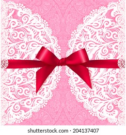 Pink vector wedding card template with red bow
