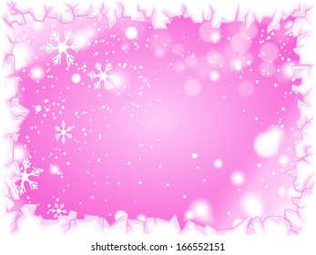 Pink vector Winter background with waves, snowflakes and ice border