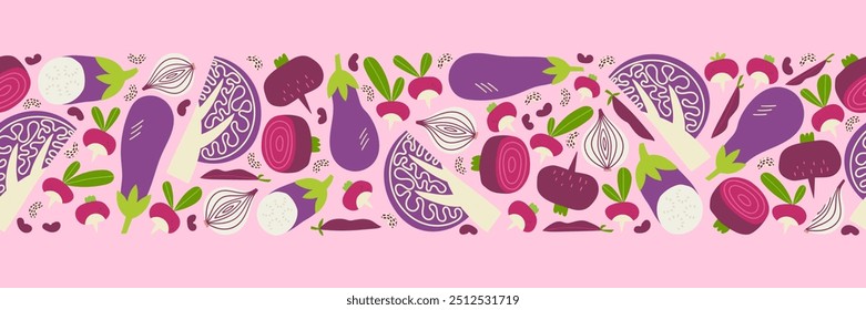 Borde Horizontal inconsútil vegetal rosado. Impresión vegetal orgánica fresca para la cocina, menú, diseño del paquete de la comida con el repollo, rábano, remolacha. Ilustración vectorial plana dibujada a mano.