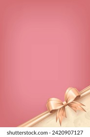 Pink vertical banner with beige realistic 3d bow and empty space for text. Three dimensional silk beige bow in the corner with ribbon as frame for greeting card or gift box for wedding, birthday, etc