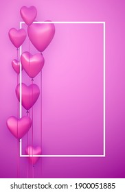 Pink vertical banner with realistic 3d heart balloons. Vector illustration.