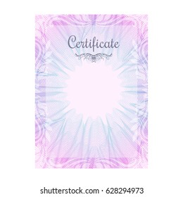 Pink vertical guilloche certificate template, official paper, document certifying university, higher education institution qualification award, successfully complete course, rosette pattern, vector