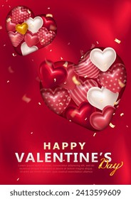 Pink vertical poster with 3d colorful hearts and golden streamers in paper cut out heart shape for Valentine's Day celebration. Template of romantic greeting card with glittering confetti and hearts 