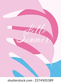 Pink vertical poster Hello Summer with sun, palm leaf and sea, card flyer in pink blue colors boho style. Vector illustration