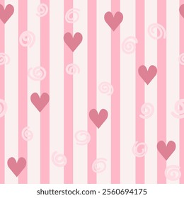 Pink vertical stripes Seamless background with heart pattern for love and celebration. Valentine's day and love concept.