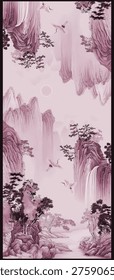 A pink, vertically oriented digital dupatta with a seamless scenic pattern of misty mountains, waterfalls, trees, and flying cranes rendered in a traditional ink-painting style.