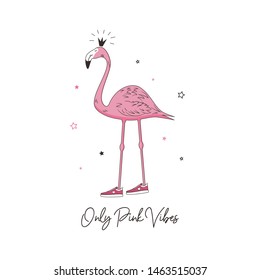 Pink Vibes slogan for t shirt design with flamingo princess in sneakers. Tee shirt typography with tropical bird in crown, print for girls and kids apparel. Vector illustration.