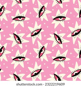 Pink Vibrant Feminine Aesthetic pattern with abstract painted faces and rose flowers