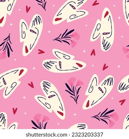 Pink Vibrant Feminine Aesthetic pattern with abstract painted faces and rose flowers