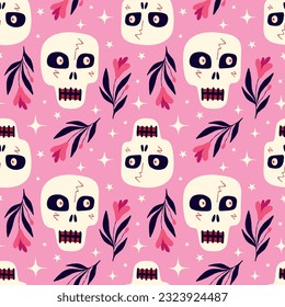 Pink Vibrant Halloween pattern with mystical Gothic skulls.