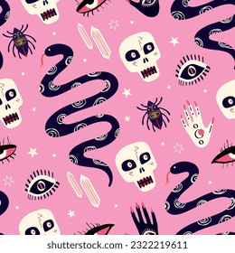 Pink Vibrant Halloween strange pattern with magical mystical esoteric magical Gothic symbols