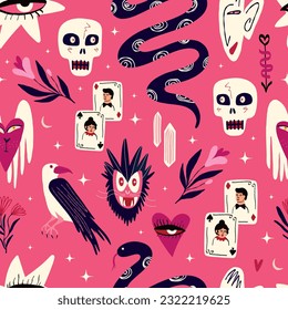 Pink Vibrant Halloween strange pattern with magical mystical esoteric magical Gothic symbols
