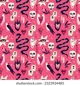 Pink Vibrant Halloween strange pattern with magical mystical esoteric magical Gothic symbols