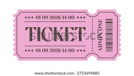Pink vintage Admit One ticket template. Retro ticket designs for cinema, circus, and carnival. Classic vector illustration of event passes for posters, invitations, festival branding and mockups