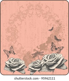 Pink vintage background with decorative butterflies and roses, hand-drawing. Vector.