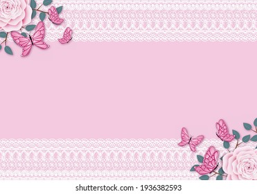 Pink vintage background with white lace frame. Pastel colored rose with leafy branches and flying butterfly decoration. Copy space for the text.