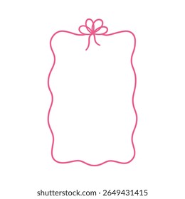 Pink vintage bows frame. Hand drawn wavy ribbons border coquette style. Line art for greeting cards, wedding invitations. Minimalist poster vector design. Holiday decoration template