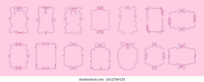 Pink vintage bows frames set. Hand drawn trendy ribbons borders. Vintage outline frames for Valentine's day, christmas, birthday, greeting cards, invitations