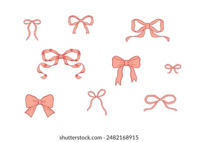 Pink vintage bows illustration set, Hand drawn ribbons design elements.