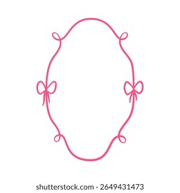 Pink vintage bows oval curly vector frame. Hand drawn wavy ribbons border coquette style. Minimalist line art for greeting cards, wedding invitations design. Holiday decoration template