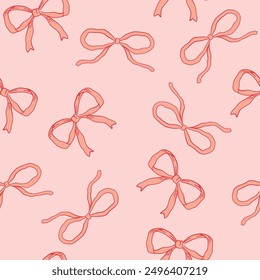 Pink vintage bows seamless pattern, Vector hand drawn ribbons background illustration.