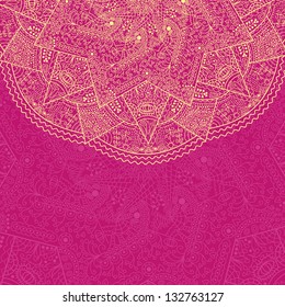 Pink Vintage Card with Half Mandala Element on Abstract Backdrop. Place for Text. Vector Illustration