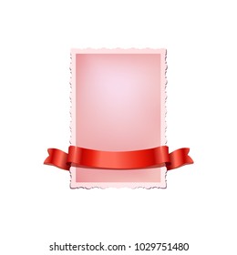Pink vintage card with red ribbon isolated on white background. Vector newborn card template.