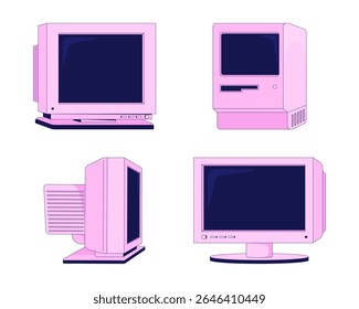 Computadores vintage cor-de-rosa e CRT monitores 2D cartoon objects set. Tecnologia antiga. Dispositivos desatualizados. 80s 90s nostalgia técnica elementos isolados plana vetor clip artes no branco. Coleção de ilustrações especiais