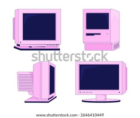 Pink vintage computers and CRT monitors 2D cartoon objects set. Old technology. Outdated devices. 80s 90s tech nostalgia isolated elements flat vector clip arts on white. Spot illustrations collection