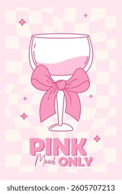 Pink Vintage Coquette Glass Drink with Ribbon Bow. Aesthetic Cocktail on Groovy Twisted Checkered Background. Romantic Girly Vibe. Vector illustration. Cute Trendy Cool card