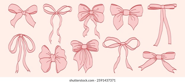 Pink vintage coquette ribbon bows set for digital scrapbooking, invitations, stationery, packaging, and fashion design. Elegant hand-drawn aesthetic for romantic and feminine creative projects.