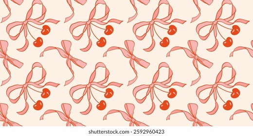 Pink vintage coquettish ribbon bows seamless pattern with cherries. Ideal for fabric prints, wrapping paper, stationery, wallpapers, digital backgrounds, fashion accessories, and branding projects.